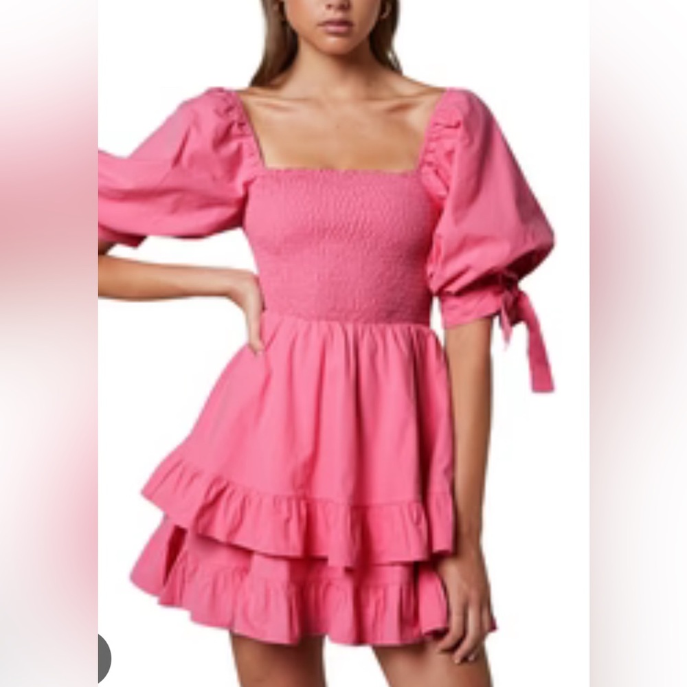 pink mini dress puff sleeve
